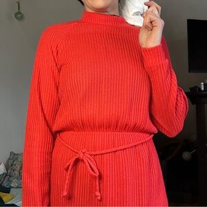 Vintage 70s Red Ribbed Mock Neck Midi Dress | Belted Secretary Style | S/M
